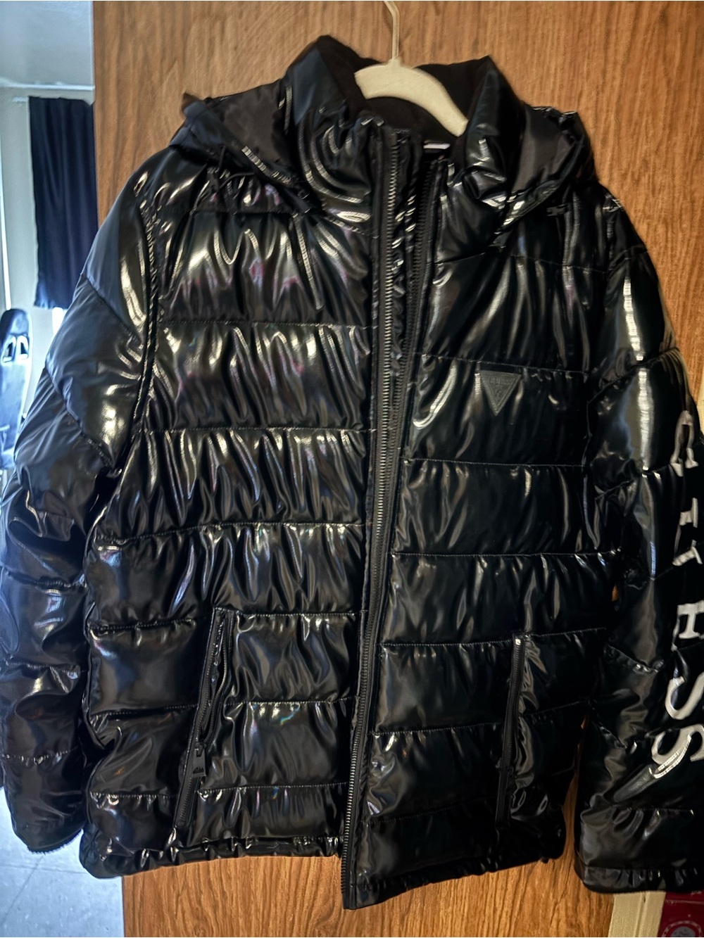Guess Black Shiny Puffer Jacket with Hood